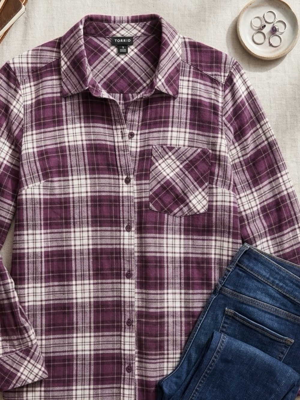 Torrid Dark Purple and White Flannel Button-Down Shirt